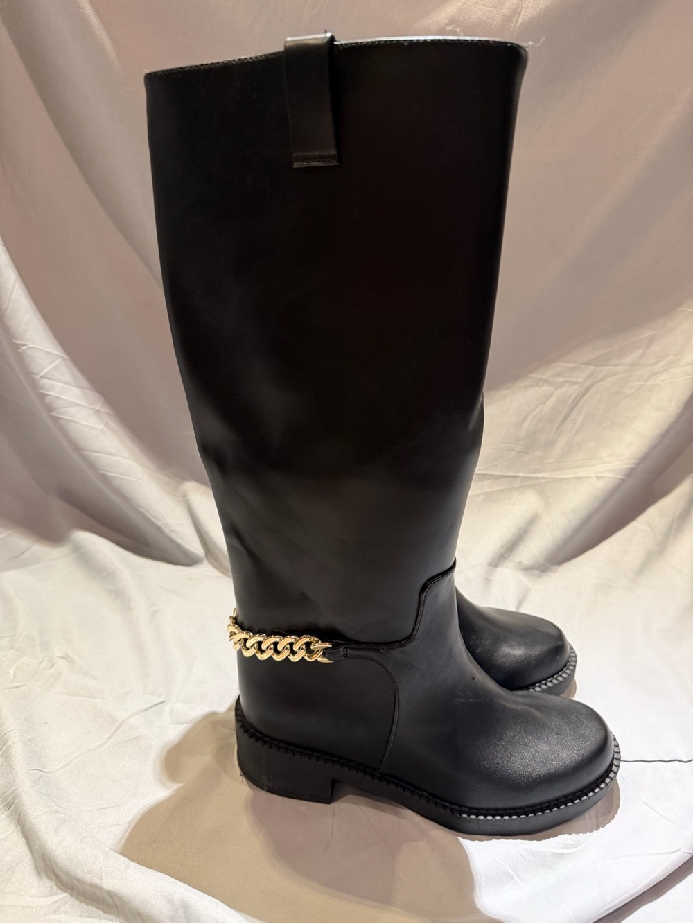 a new day Black Knee-High Heeled Boots with Gold Chain Accent, sz 6